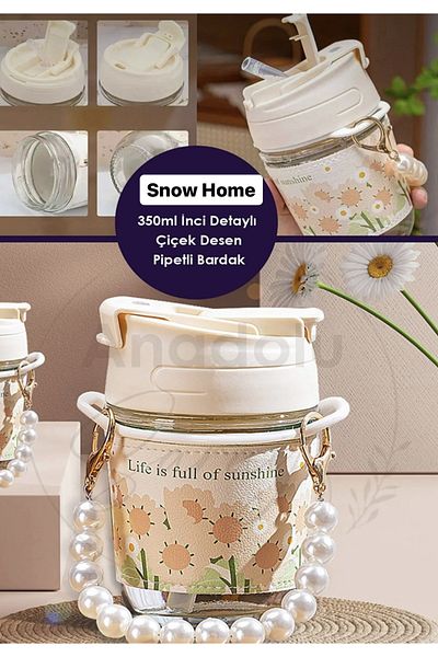 M Mimoza Park Heat Resistant Borosilicate Pearl Detailed Flower Pattern Glass with Straw | 350ml Coffee And Presentation Glass