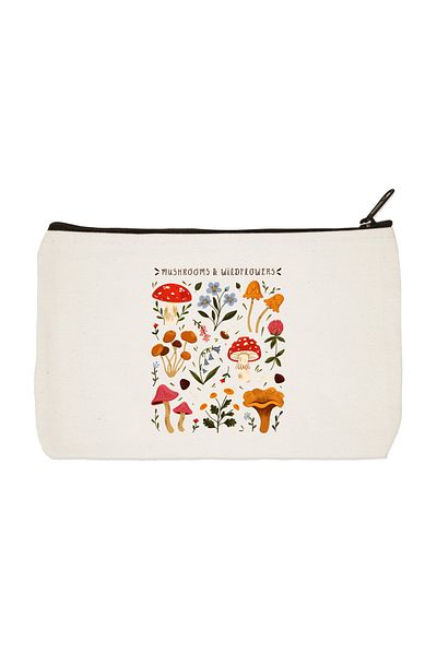 designedfy Mushroom Wildflowers Printed υφασμάτινη τσάντα μακιγιάζ, θήκη για στυλό, τσάντα χειρός