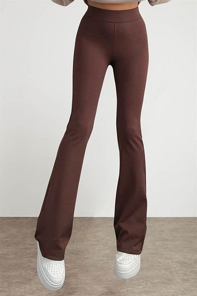 byhaziran butik Női barna kiszélesedő lábú, bordázott, magas derekú leggings S
