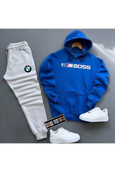 NewCabin Set de 2 piese cu glugă din bumbac albastru cu glugă, pantaloni de sport de iarnă, I'm Boss Printed Saks