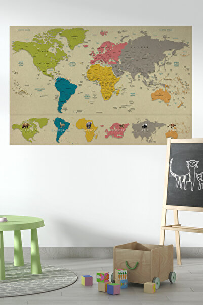 Plustablo Tutorial educațional Continente și animale drăguțe Autocolant de perete cu harta lumii pentru copii,