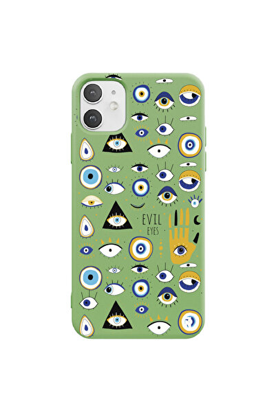 Casen iPhone 11 Silikon Özel Tasarım Nazar Evil Eyes Üçgen Gözler Yeşil Renkl...