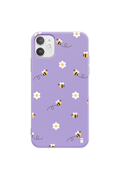 Casen iPhone 11 Silikon Özel Tasarım Arı ve Papatya Desenli Sevimli Lila Renk...