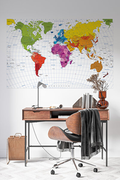 Plustablo Autocolant de perete cu harta lumii fizice, harta lumii pentru instituțiile educaționale, harta pentru locul de muncă