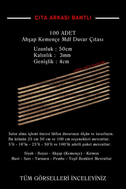 Bytwo Kemençe Ahşap Duvar Çıtası 1 Paket (100 ADET) 50 x 4 Cm Dekoratif Duvar...