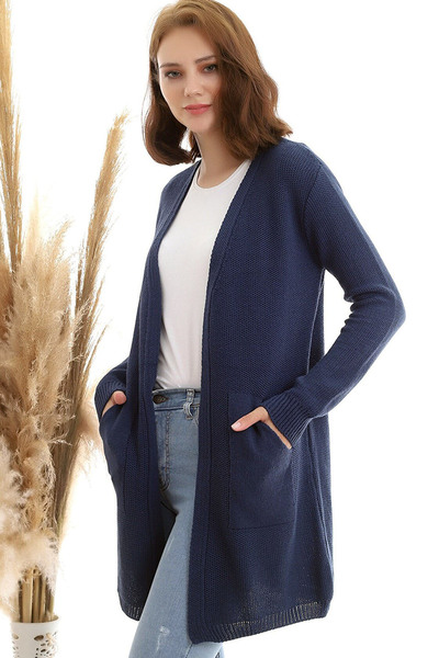 Naliru Kadın Ön Açık Düğmesiz Yumuşak Salaş V Yaka Uzun Likralı Triko Hırka