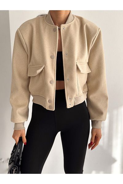 laughs Women's Shoulder Padded Lined Pocket Stitched Fabric Bomber Crop Short Jacket De7798