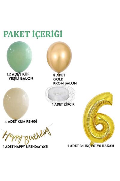 Patladı Gitti 6 Year Old Mold Green Sea Sand and Chrome Gold Balloon Concept Birthday Set