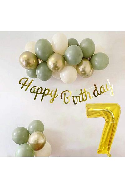 Patladı Gitti 7 Year Old Mold Green Sea Sand and Chrome Gold Balloon Concept Birthday Set
