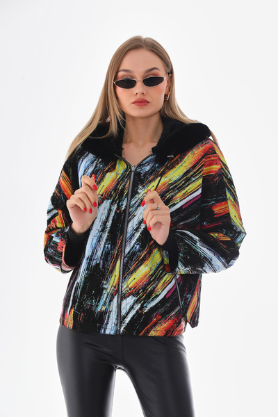 Metins Leather Kadın Çift Taraflı Özel Baskılı Kapüşonlu Deri Mont