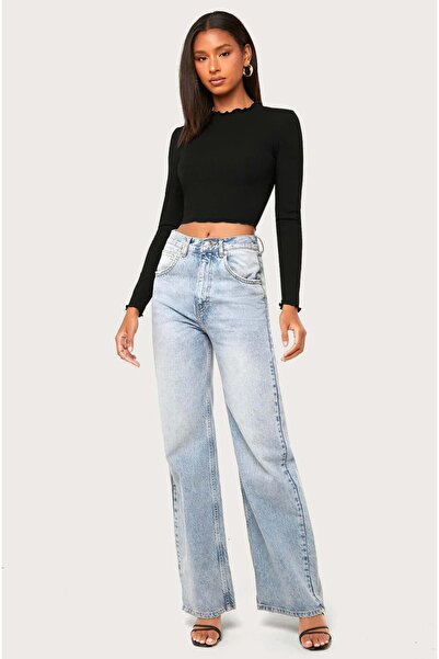 MADALİNA Women's Black Camisole Fabric Overlock Collar Detailed Crop Blouse