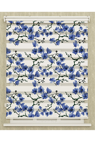 Genel Markalar Mutfak Odası Mavi Renkli Ağaç Dalları Baskılı Zebra Perde