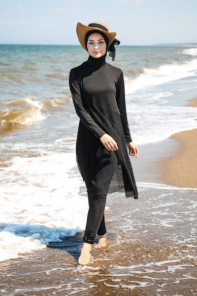 Marina Black 3-Piece Mesh Detailed Fully Covered Hijab Swimsuit 2035