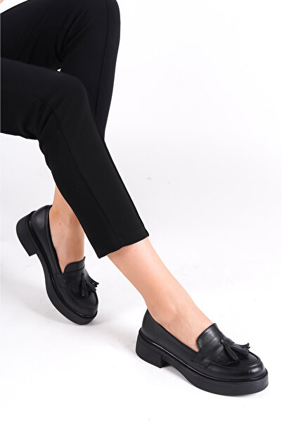 MORIA Kadın Jena Siyah Loafer Yüz Ponpon ve Püskül Ayakkabı Taban 4 cm Materyal Vegan Cilt