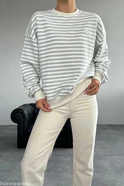 Flamingo Kadın Sweatshirt Çizgili Bisiklet Yaka