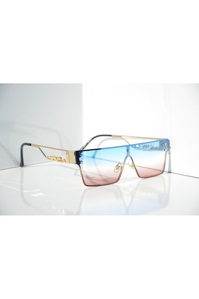 TomyHelf Rectangular Design Gold Tiger Detailed Gold Frame Blue Gradient Glass Women's Sunglasses