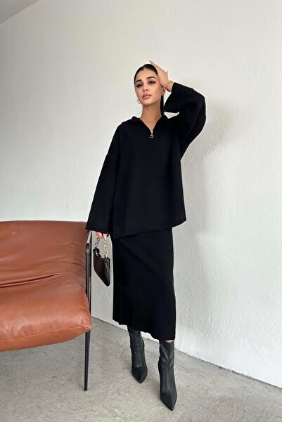 Eka Set de fuste cu nervuri cu fermoar negru pentru femei 1014-3099