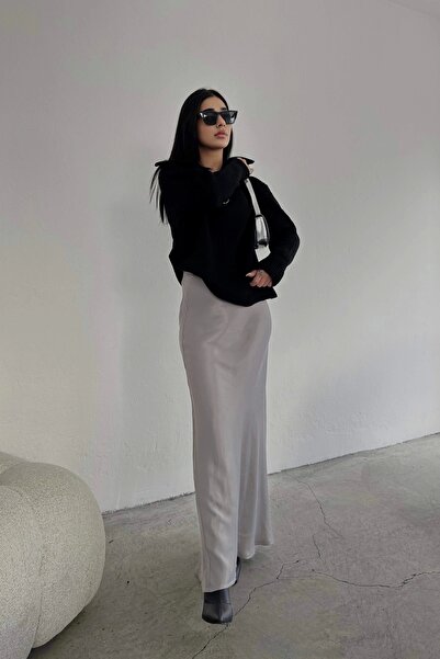 Eka Fustă lungă din satin gri de damă 0999-8115