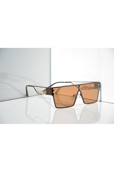 TomyHelf Rectangular Design Gold Tiger Detailed Brown Frame Brown Glass Women's Sunglasses
