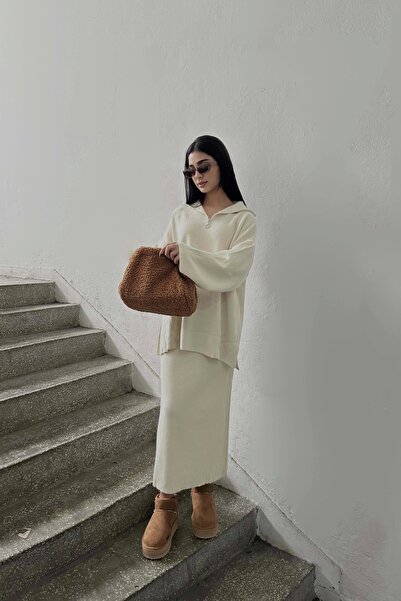 Eka Set fuste cu nervuri cu fermoar bej pentru femei 1014-3099