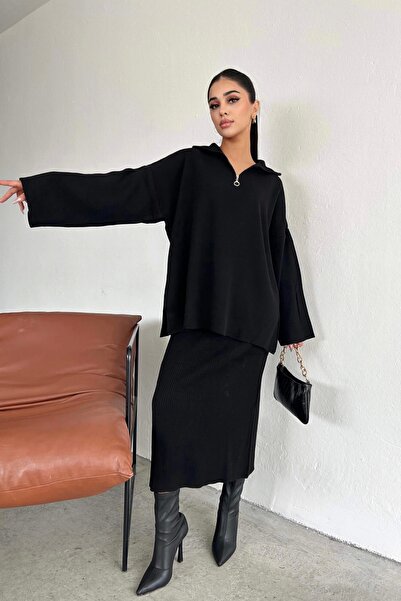 Eka Set de fuste cu nervuri cu fermoar negru pentru femei 1014-3099