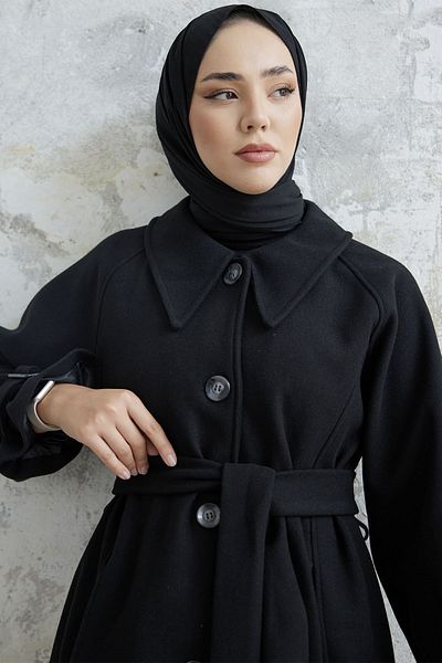 InStyle Kaschmirmantel mit Gürtel und Blair-Kragen - Schwarz