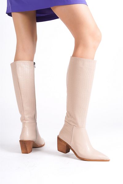 MARSEDO Victoria Beige Crocodile Γυναικείες Μπότες Καθημερινά με χοντρό τακούνι με μυτερό φερμουάρ