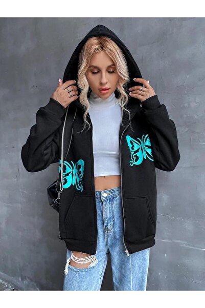 LOUİSA Women's Hooded Green Butterfly Printed Black Zipper Cardigan