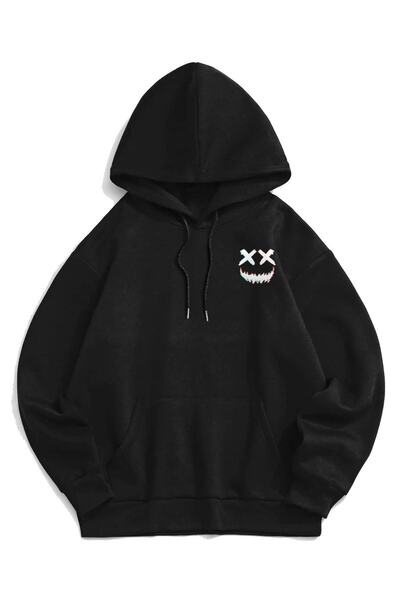 Adrift Unisex crna majica sa kapuljačom Smile Štampano Oversize kroj GÜLÜKKSW...