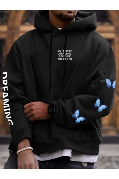Adrift Unisex crna majica sa kapuljačom Dream Butterfly Štampano DREAMKELEBEK