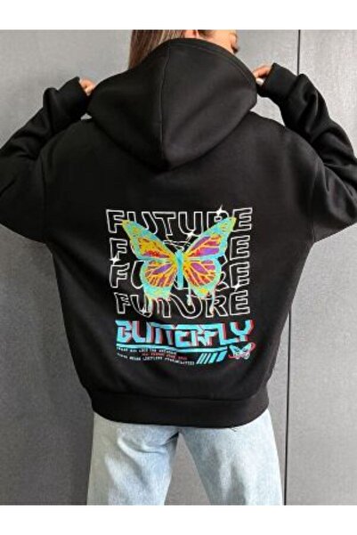 Adrift Unisex crna Future Back Štampano dukserica sa kapuljačom Oversize kroj...