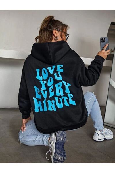 Adrift Unisex crna majica sa kapuljačom "Love You Back" Štampano Oversize kro...