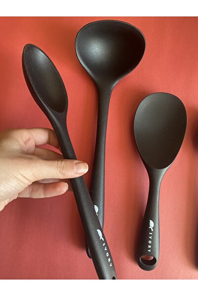 Multiamo İvory Sert Uçlu Isıya Dayanıklı Yanmaz Yapışmaz Silikon Seti 4 Parça 28cm/22cm/20cm Kaşık 28cm Kepçe