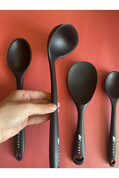 Multiamo İvory Sert Uçlu Isıya Dayanıklı Yanmaz Yapışmaz Silikon Seti 4 Parça 28cm/22cm/20cm Kaşık 28cm Kepçe