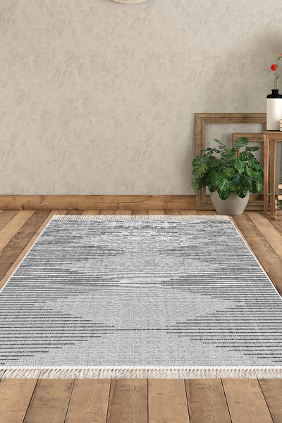 Dekoreko Dijital Salon Halısı Trend Keçe Kaymaz Taban Saçaklı İskandinav Kay Gri