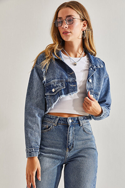 Bianco Lucci Women's Torn Patterned Denim Jacket