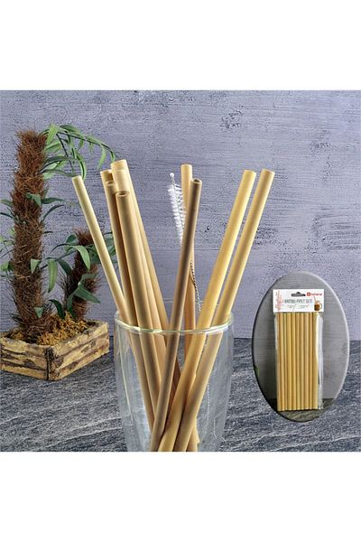 İly Pack of 10 Bamboo Straws and Cleaning Brush