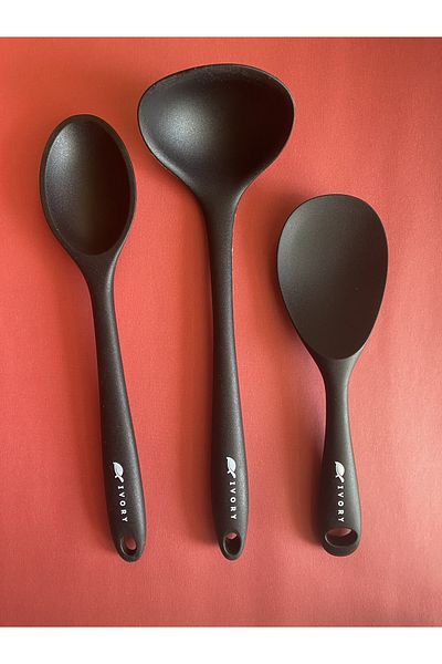 Multiamo Hard Tip Heat Resistant Fireproof Nonstick Silicone Spoon Set 3 Pieces 28cm/22cm Spoon 28cm Ladle