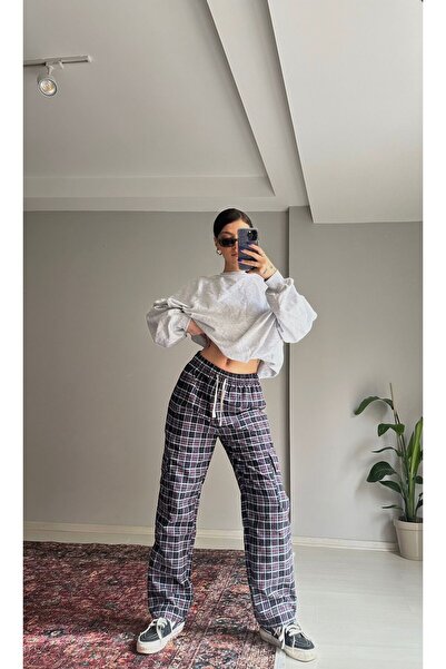 DEEFWEAR Y2K UNISEX ELASTIC WAIST CARGO POCKET DETAIL BLACK AND WHITE PLAID PANTS