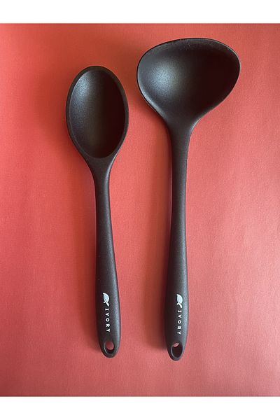 Multiamo Hard Tip Heat Resistant Fireproof Nonstick Silicone Spoon Set 2 Pieces 28cm Long Deep Spoon 28cm Ladle