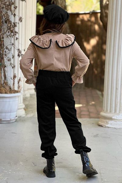 Riccotarz Girl's Black Velvet Top and Bottom Set with Bow on the Collar and Frill Detail on the Shoulder and Zipper on the Back