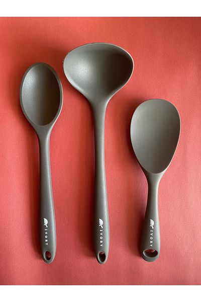 Multiamo Hard Tip Heat Resistant Fireproof Nonstick Silicone Spoon Set 3 Pieces 28cm/22cm Spoon 28cm Ladle