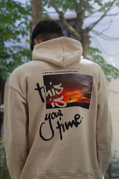 Lushen Φούτερ με κουκούλα με 3 κλωστές Unisex με στάμπα χοντρή κρέμα