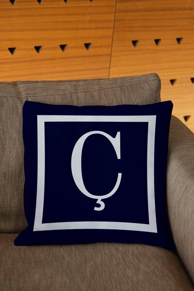 Şah Dekor Husă de pernă cu litere de culoare albastru bleumarin și alb cu imprimare digitală