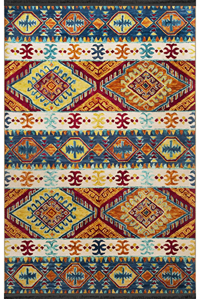 Rugs Modern Halı Μπλε και κίτρινο θεματικό παραδοσιακό μοτίβο με έθνικ σχέδια...