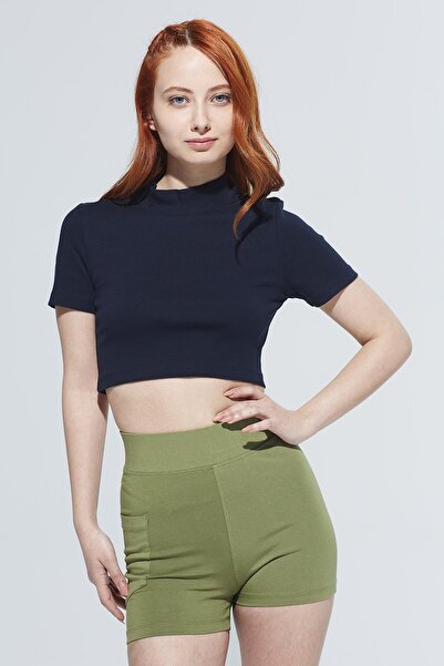 Comm-Ci Laura Lacivert Ribanalı Органічна бавовна Піврукав Кроп-футболка