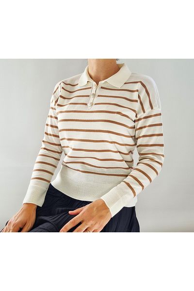 Missfrawomen WOMEN'S POLO NECK, BUTTONED, STYLISH COMFORTABLE MODEL STRIPED KNITWEAR BLUZ
