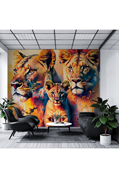 Plustablo Aslan Ailesi Salon Duvar Kağıdı, Suluboya Okul Duvar Kağıdı, Kreş D...