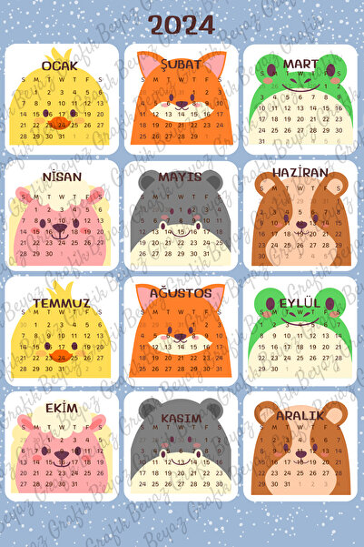 Beyaz Grafik 2024 Kalendar sa temom slatkih životinja, planer, bullet journal...