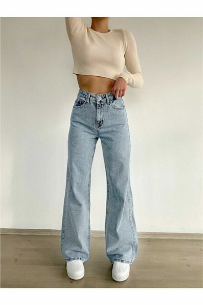 LİMABEL Ciqulata anii 90 Snow Wash Blue Lycra Blue Jeans Largi cu talie super inalta Pantaloni Palazzo